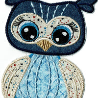 Iron-on Adorable Owl Applique Patch Blue 4 x 6 inch machine embroidered - BarbaraJs Pocket Pillows and Patches