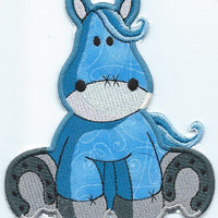 Horse Sitting Adorable Patch Blue iron-on  under 3.5 x 4 inches  applique machine embroidered - BarbaraJs Pocket Pillows and Patches