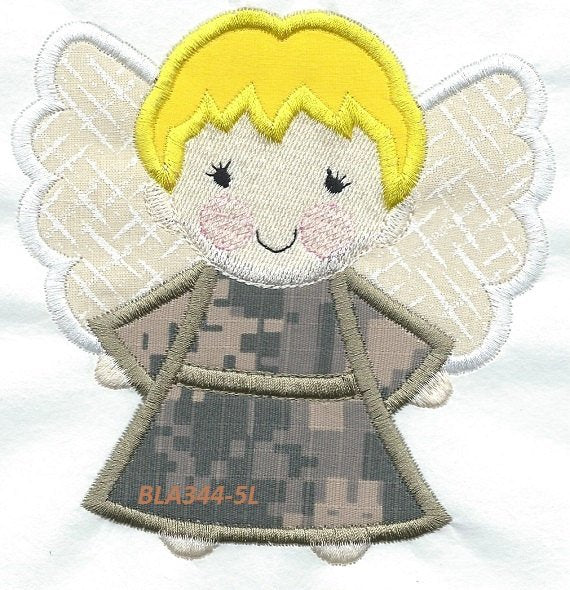 *a7* Angel Watching Over Me Camo  blonde boy   iron-on under 5 x 5 inches applique machine embroidered patch - BarbaraJs Pocket Pillows and Patches