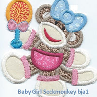 Baby Girl With Rattle Sock Monkey Patch iron-on applique machine embroidered - BarbaraJs Pocket Pillows and Patches