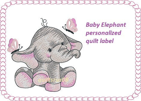 Baby Elephant Girl  Quilt Label machine embroidered personalized - BarbaraJs Pocket Pillows and Patches