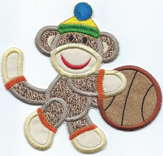 Basketball Sock Monkey Patch iron-on applique machine embroidered - BarbaraJs Pocket Pillows and Patches