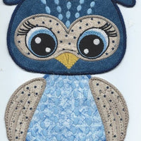 Iron-on Adorable Owl Large Applique Patch Blue 7 x 9 inch machine embroidered - BarbaraJs Pocket Pillows and Patches