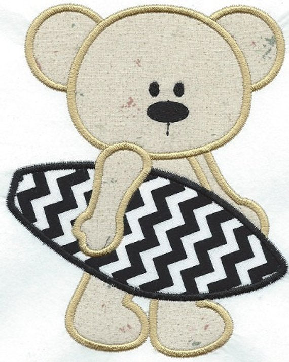 Summertime Bear Surfer Boy applique machine embroidered patch - BarbaraJs Pocket Pillows and Patches