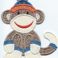 Lovable Sitting Sock Monkey Patch iron-on applique machine embroidered - BarbaraJs Pocket Pillows and Patches