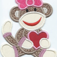 Sock Monkey Patch Holding Her Heart iron-on under 5 x 6 inches applique machine embroidered - BarbaraJs Pocket Pillows and Patches