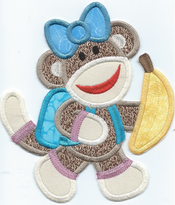Back To School Girl Sock Monkey iron-on under 7 x 7.5 inches applique machine embroidered - BarbaraJs Pocket Pillows and Patches