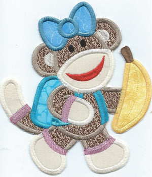 Back To School Girl Sock Monkey iron-on under 7 x 7.5 inches applique machine embroidered - BarbaraJs Pocket Pillows and Patches