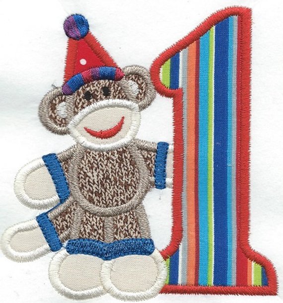 Birthday One Sock Monkey Patch iron-on applique machine embroidered - BarbaraJs Pocket Pillows and Patches
