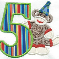 Birthday Five Sock Monkey Patch iron-on applique machine embroidered - BarbaraJs Pocket Pillows and Patches