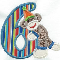 Birthday Six Sock Monkey Patch iron-on applique machine embroidered - BarbaraJs Pocket Pillows and Patches