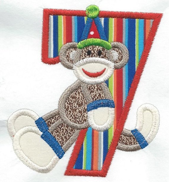Birthday Seven Sock Monkey Patch iron-on applique machine embroidered - BarbaraJs Pocket Pillows and Patches
